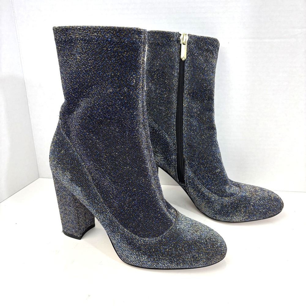 Sam‎ Edelman Calexa Glitter Sock Ankle Boots Womens 6 Blue Gold Heel Festival